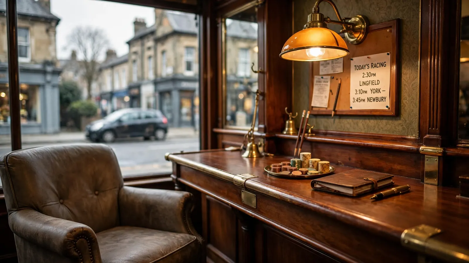 Traditional UK betting shop interior with coins, brass details, and warm lighting