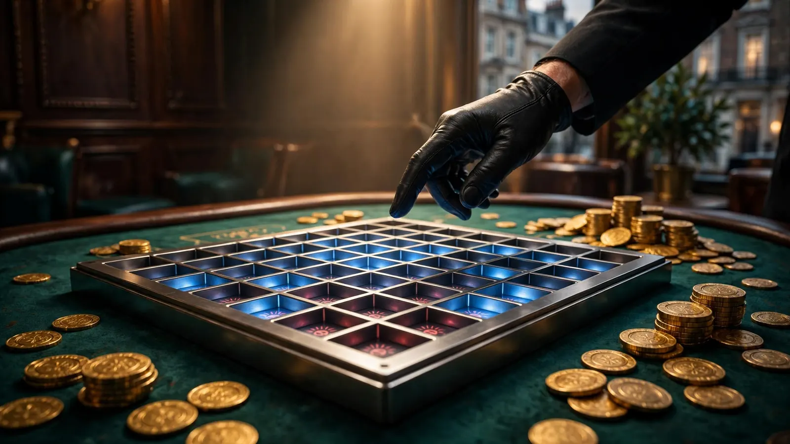 Gloved hand choosing a cell on a glowing minesweeper-style grid on a casino table.