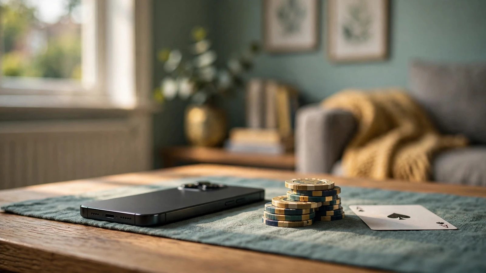 Smartphone face-down beside poker chips on a table
