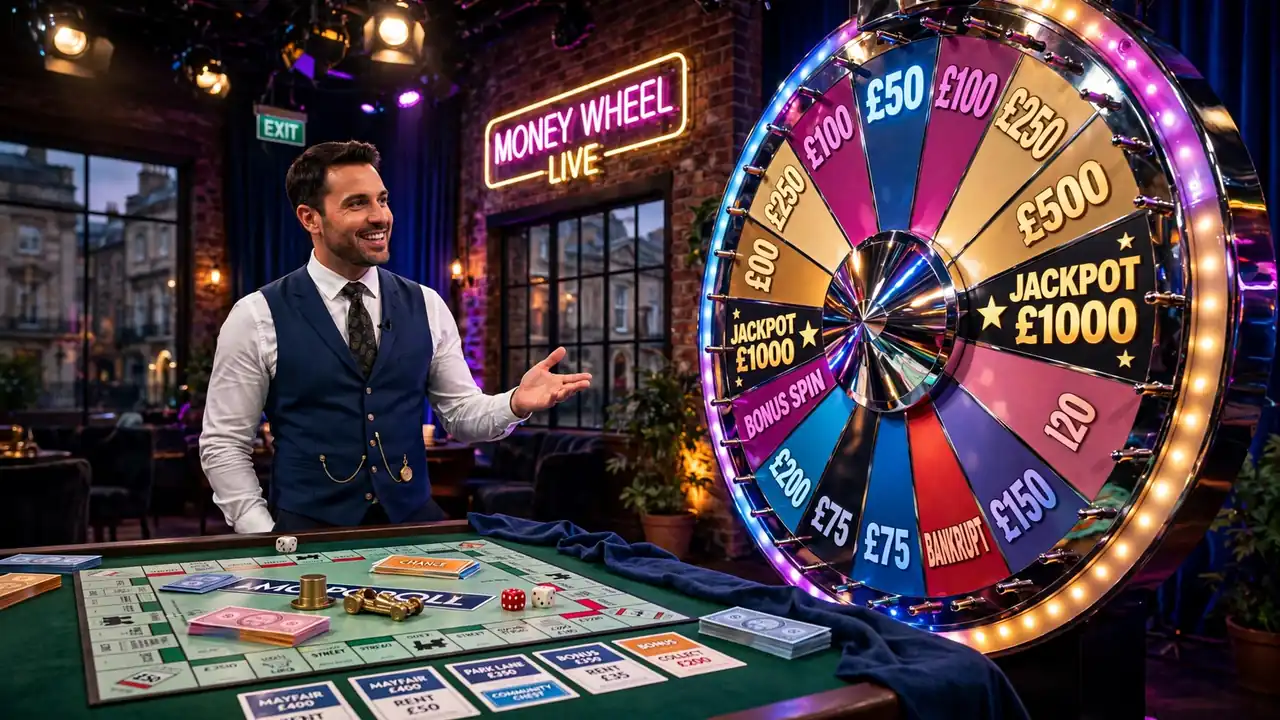 Live UK casino game show studio featuring a presenter, money wheel, and Monopoly board on table