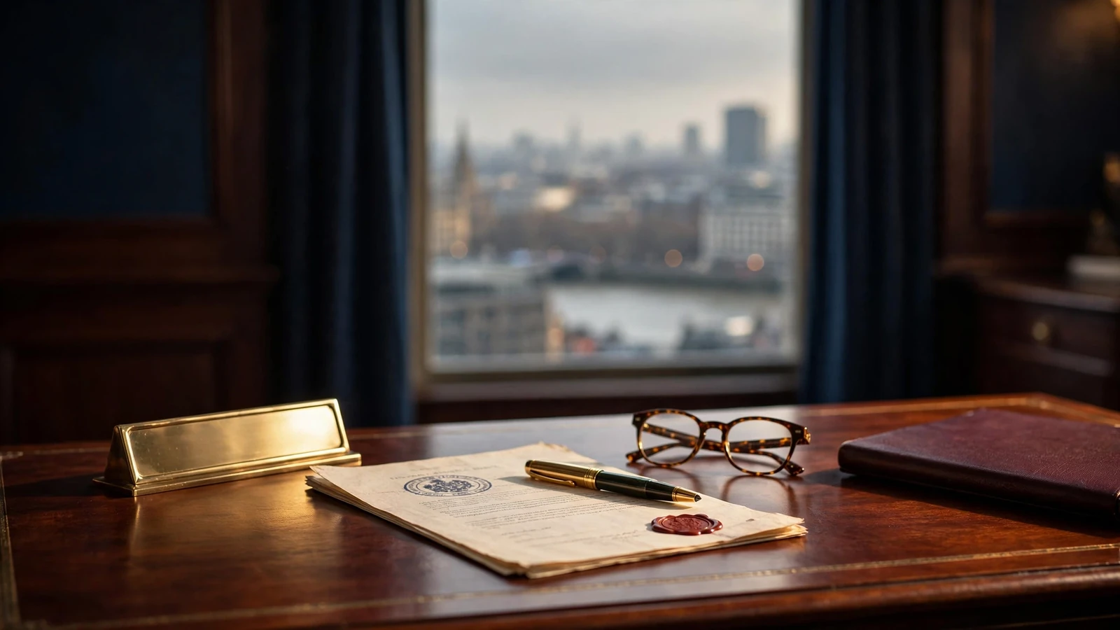 Official licence document with wax seal on a desk in a London office