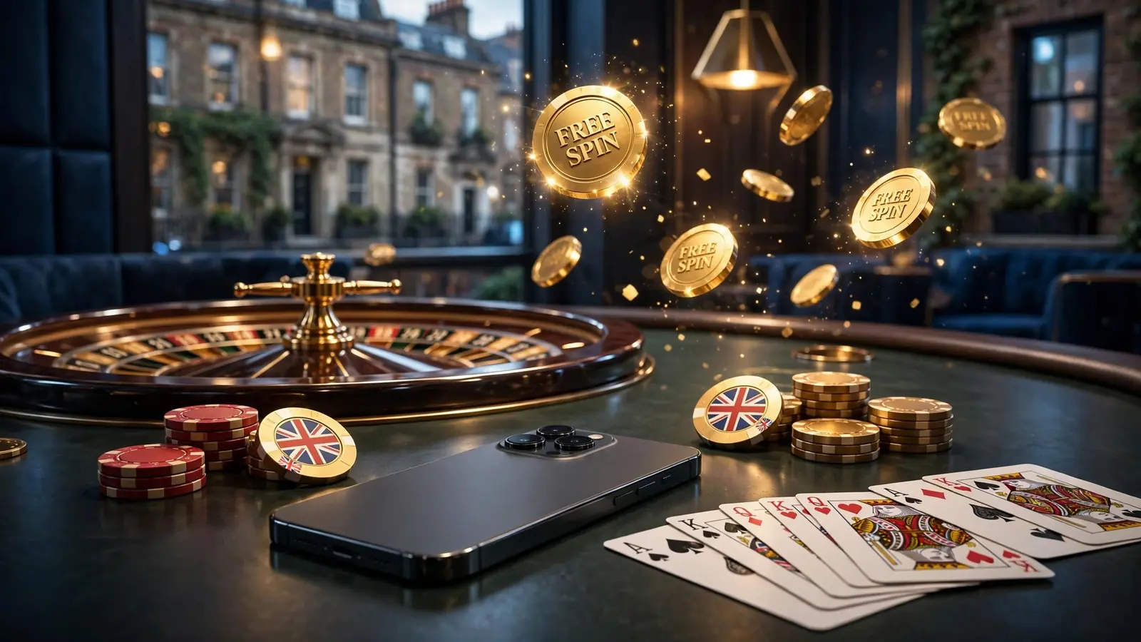 Sleek smartphone on a casino table surrounded by golden chips, roulette wheel and floating free spin tokens