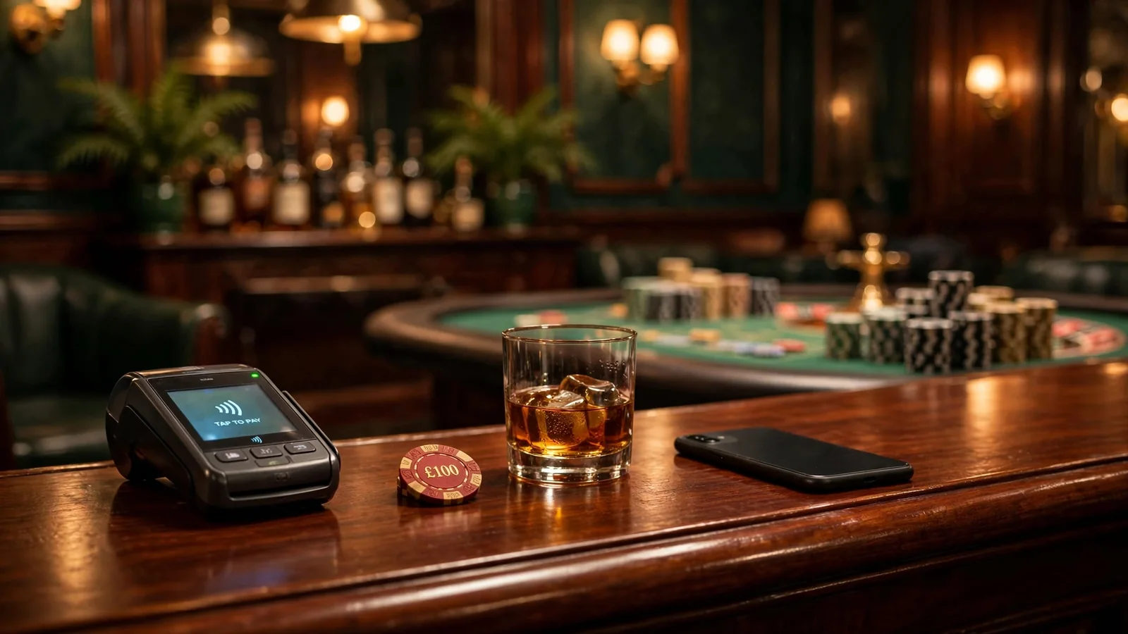 British casino lounge bar with contactless payment terminal and chip