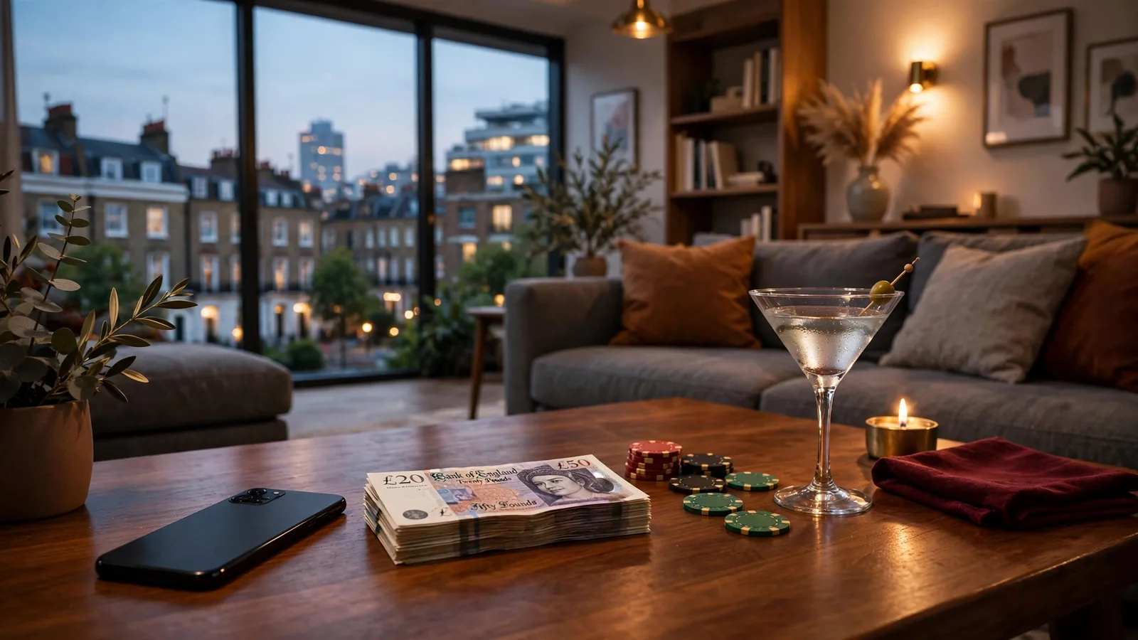 British casino chips, pound notes, and a face-down phone on a coffee table in a modern London flat