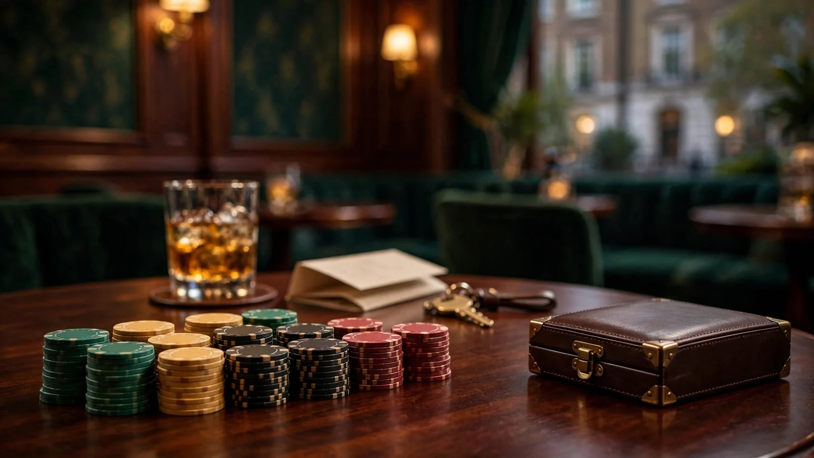 Stylish London casino lounge table with chips, card shoe, and whisky
