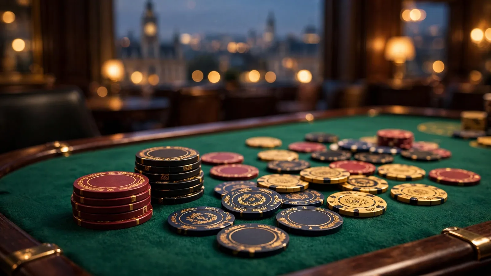 Stacked casino chips on green felt with warm bokeh lights and a faint London skyline.