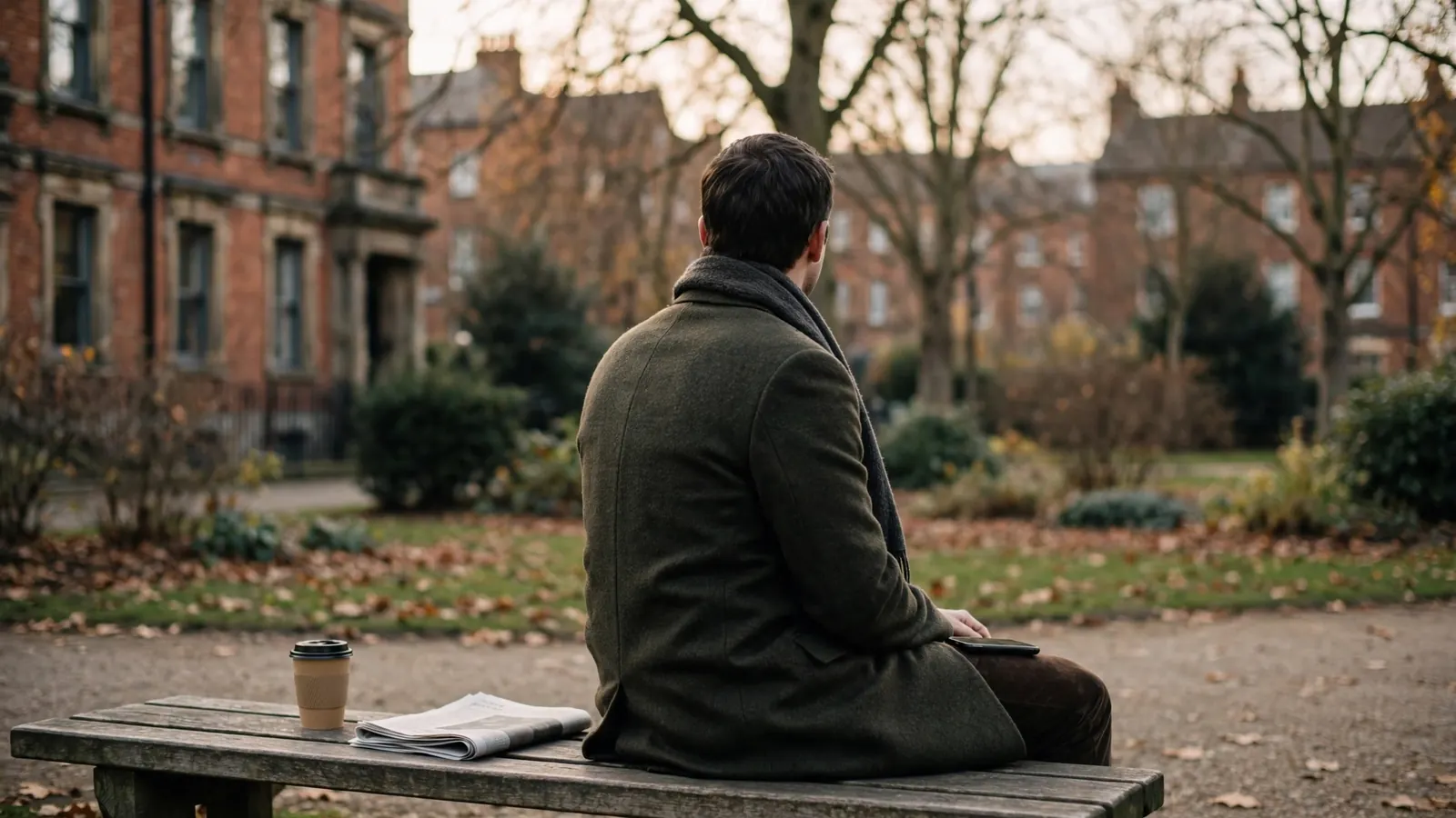 Person on a British park bench with phone face-down, contemplating.