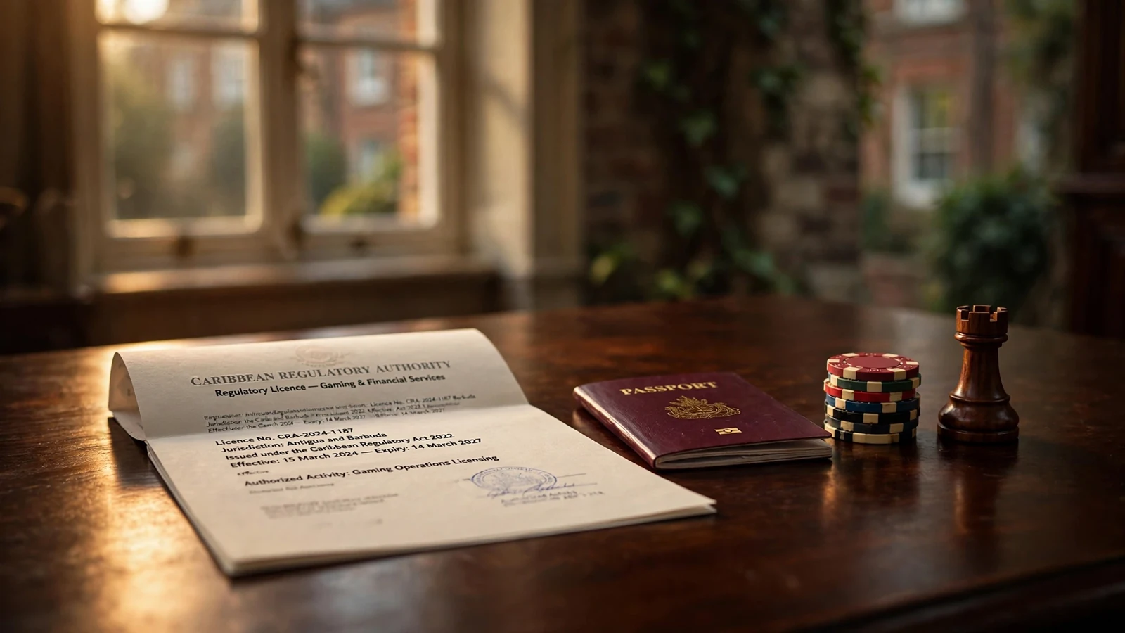 Curacao license document and British passport on desk with casino chips