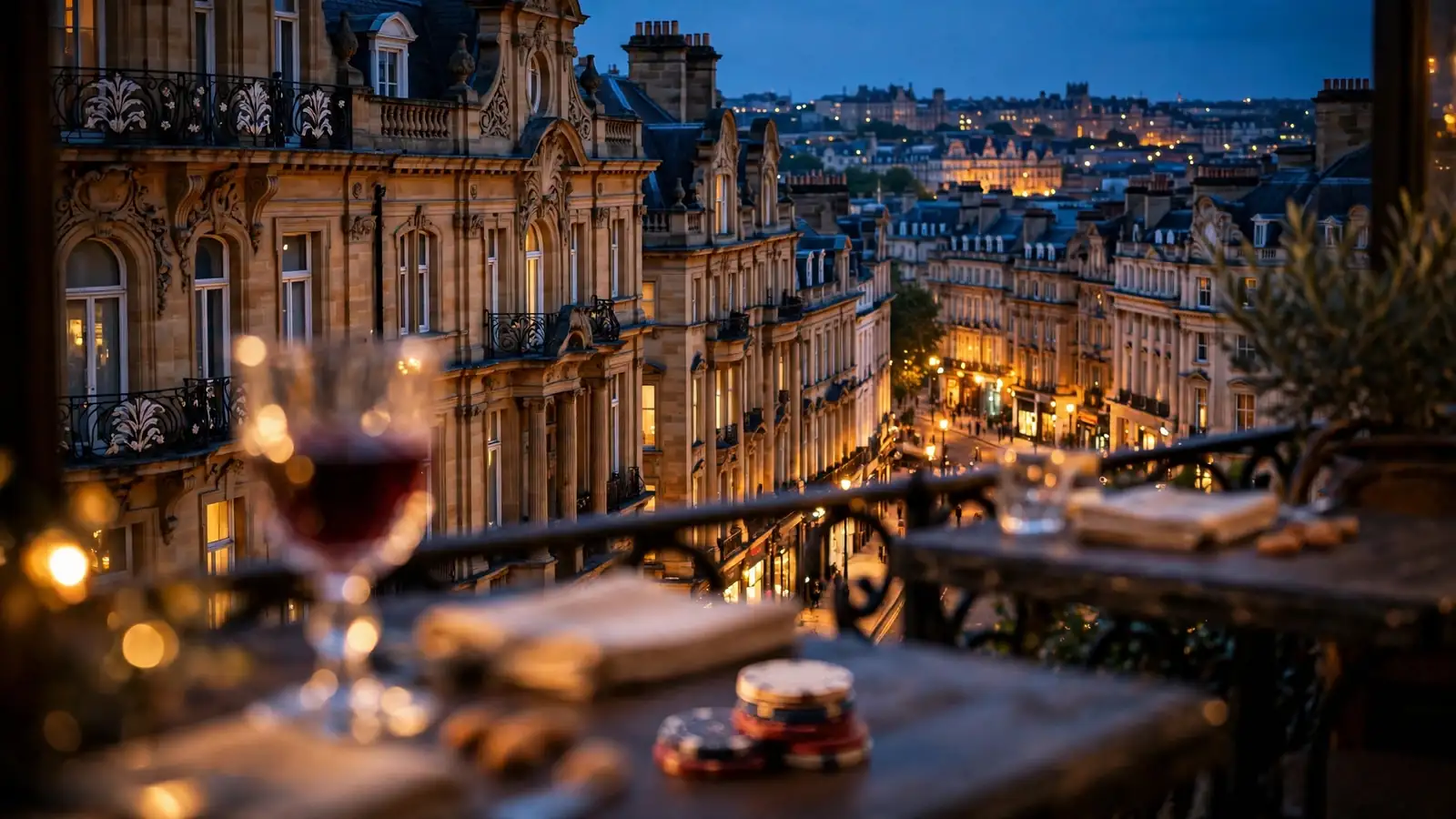 European city at twilight with elegant architecture and casino chips on a cafe terrace