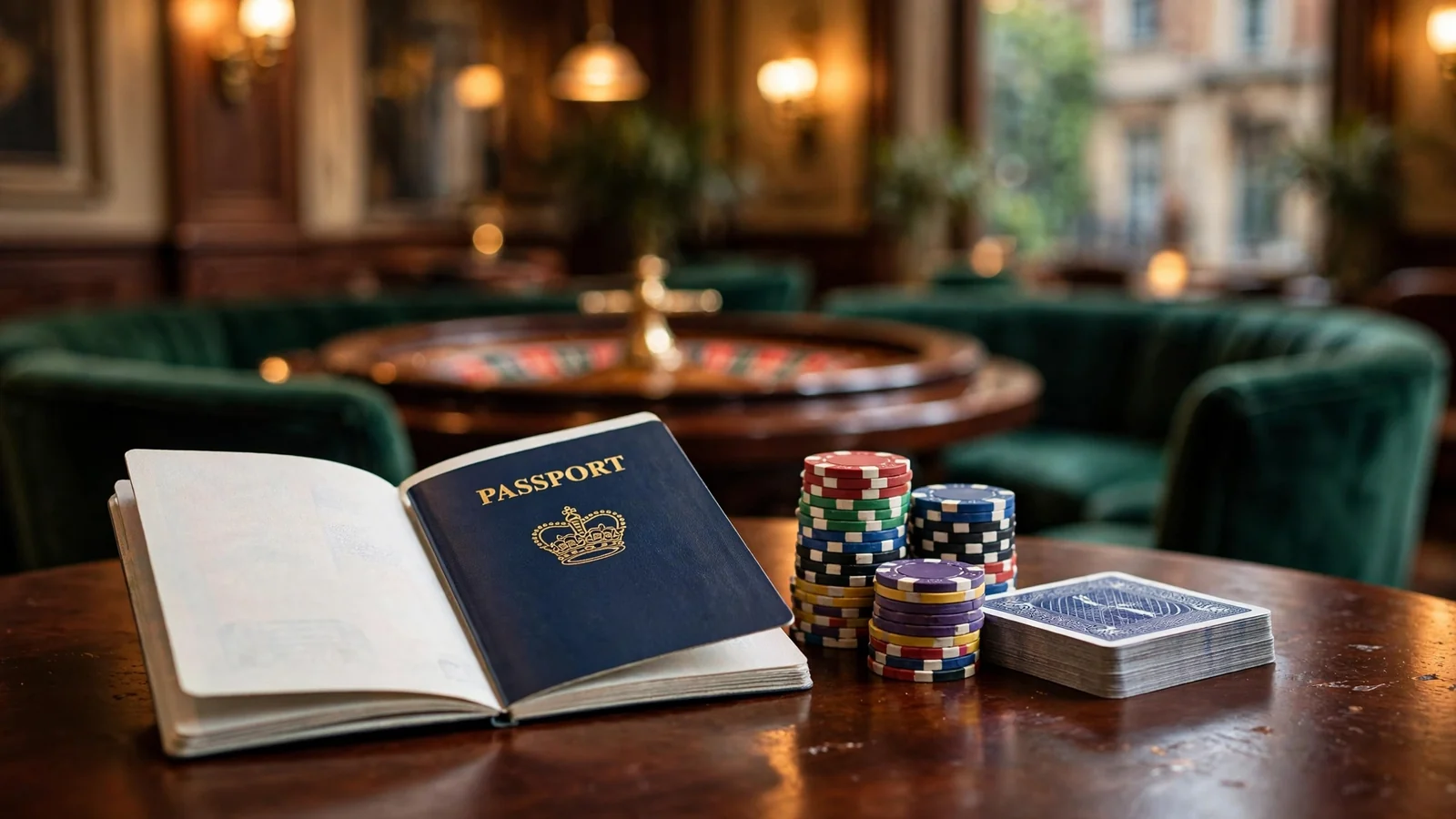 Passport, poker chips, and playing cards on a table with a blurred casino lounge behind.