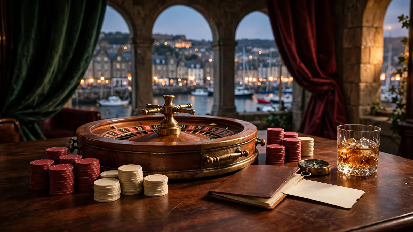 Roulette wheel with casino chips, open passport, compass and whiskey on a wooden table.