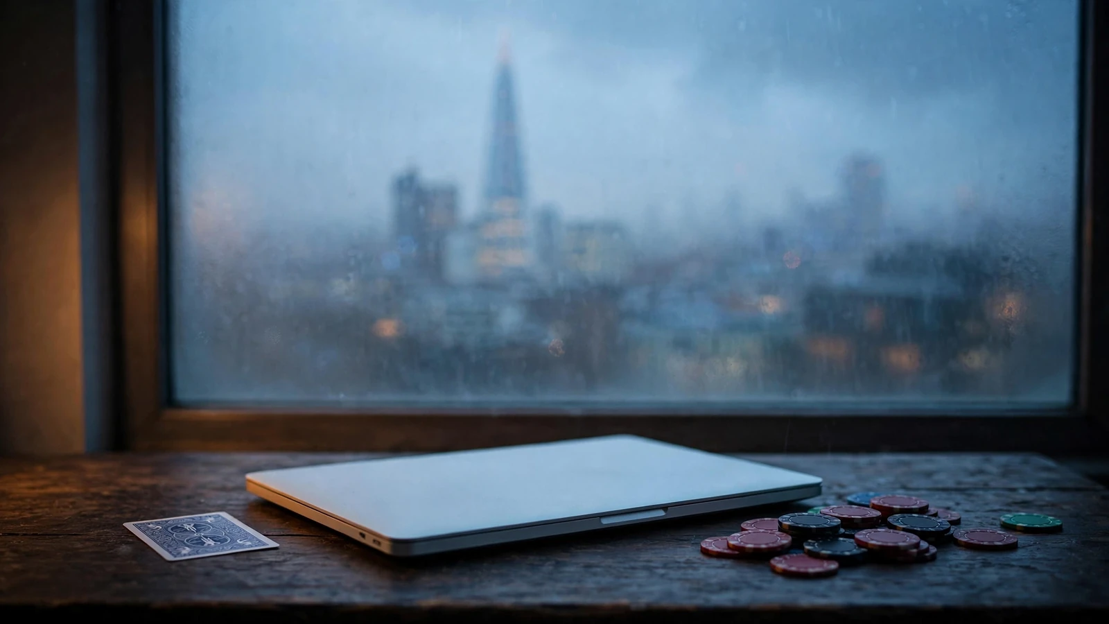 Closed laptop with casino chips near a rainy London window at dusk