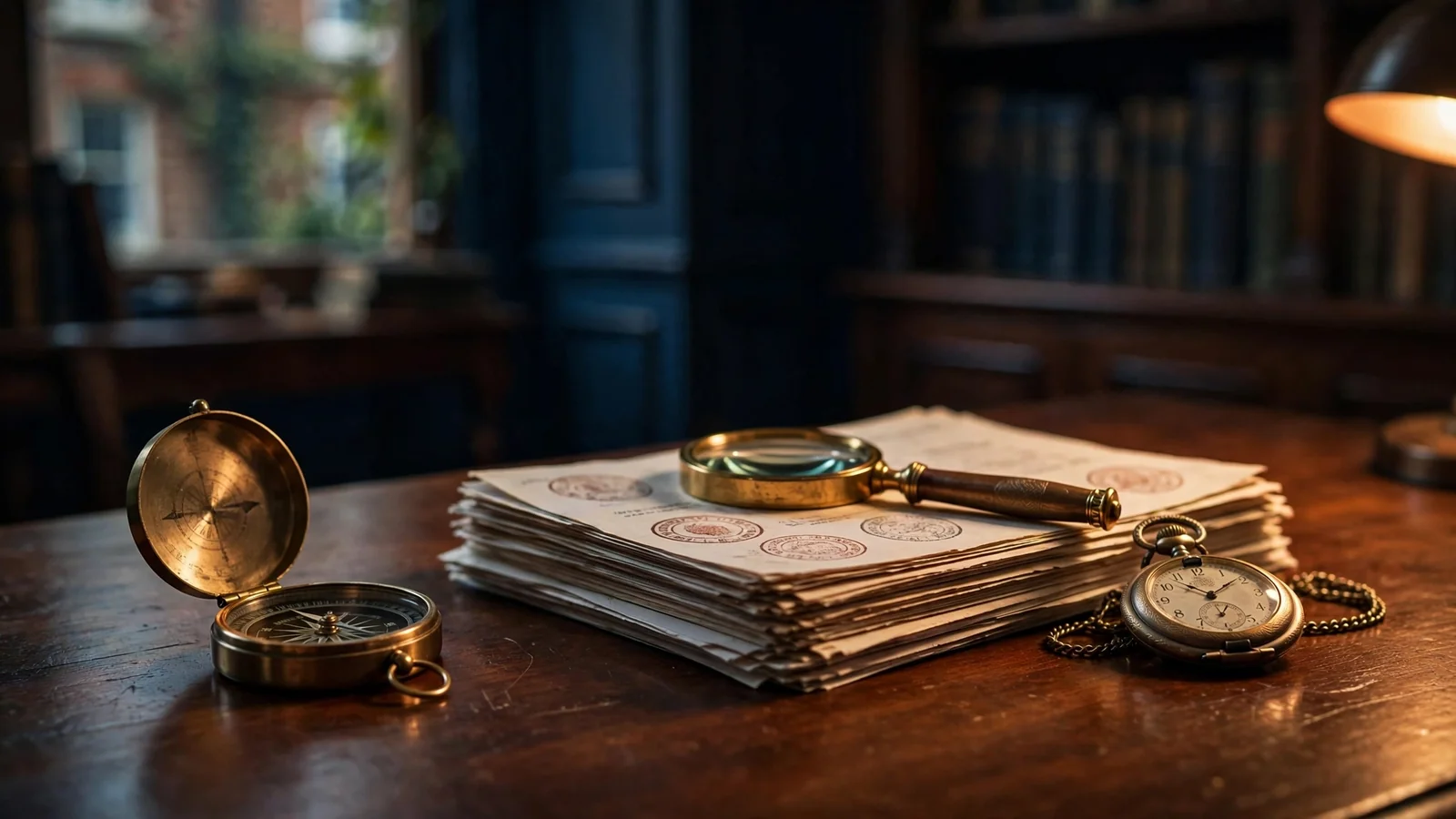 Brass compass, stamped documents and magnifying glass on a wooden desk under warm lamp light.