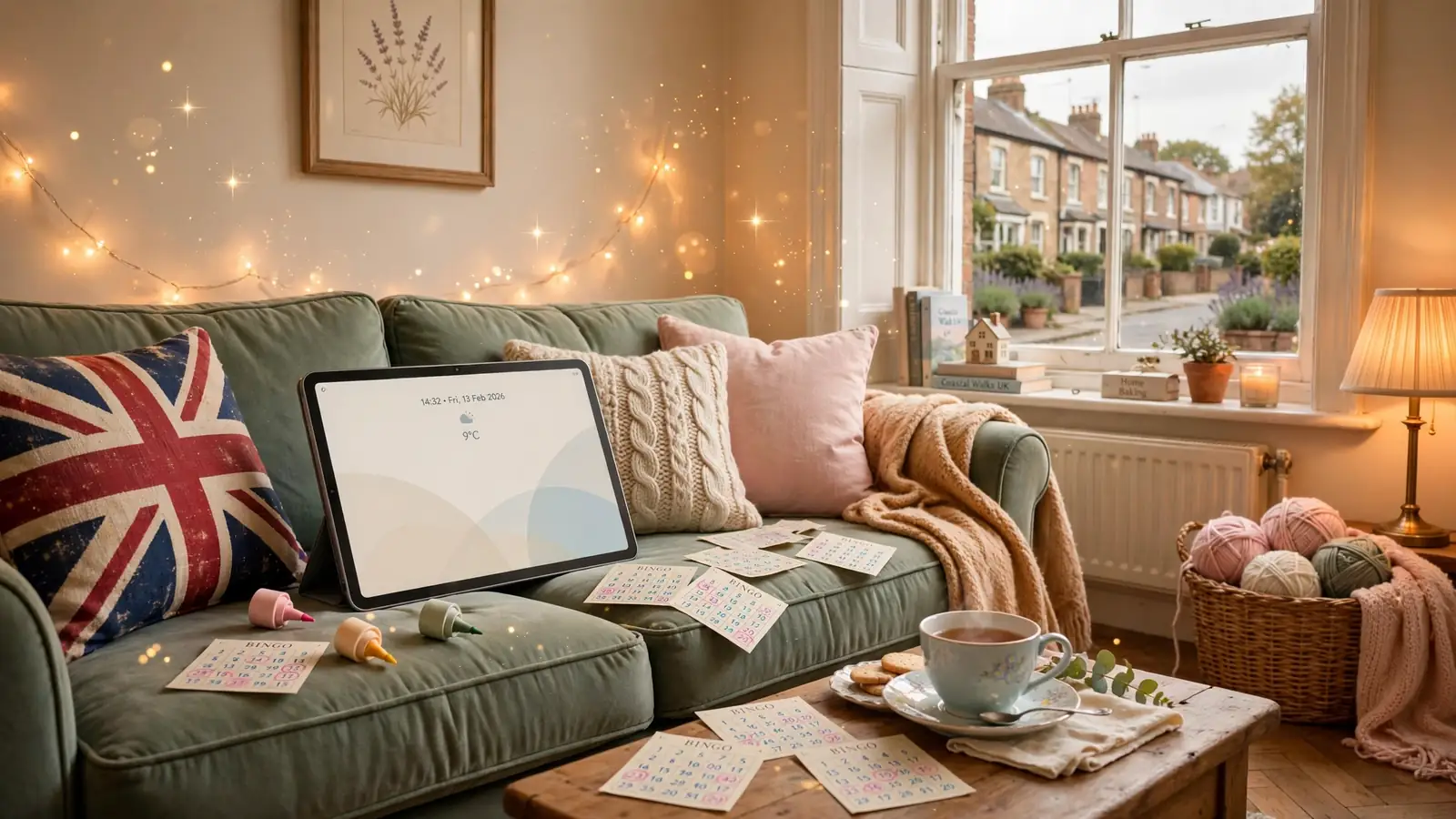 Cozy British living room with tablet, tea, and bingo tickets on sofa