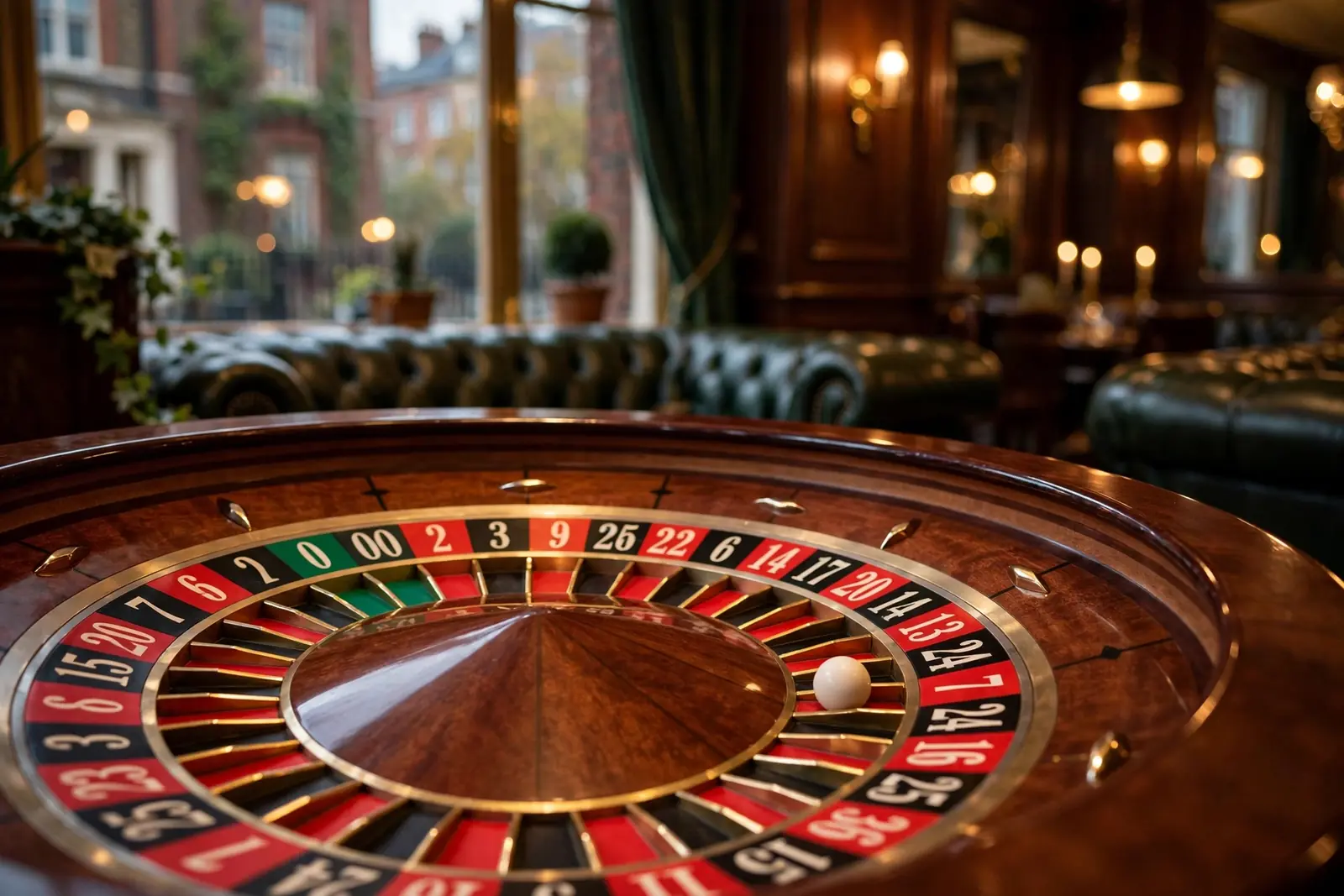 American roulette wheel with 38 pockets in an elegant British casino setting