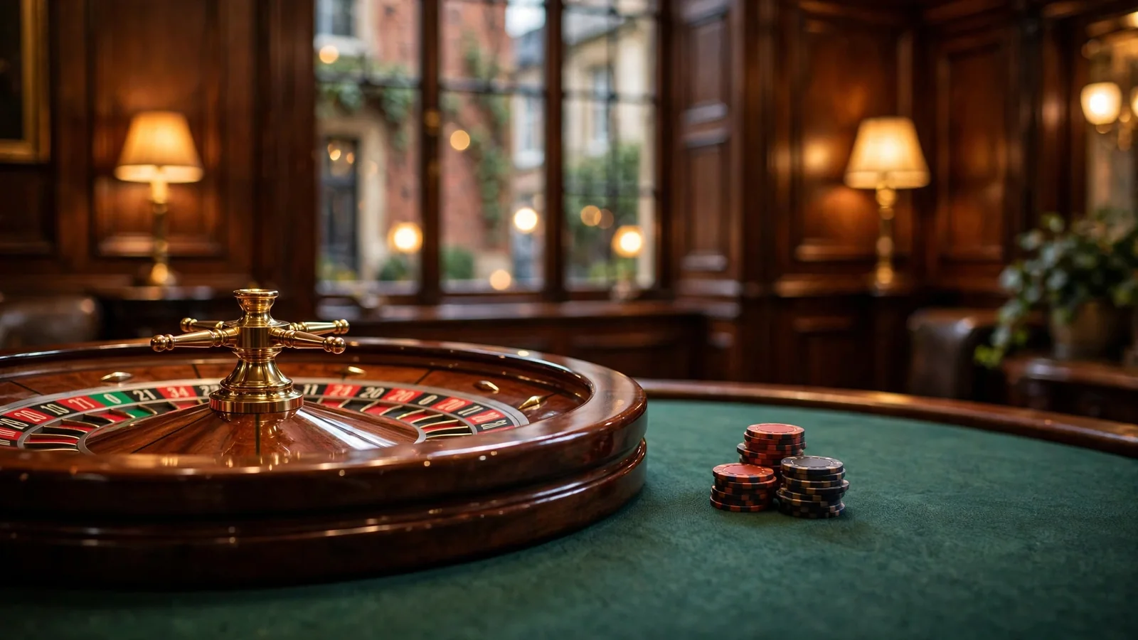 European roulette wheel with chips on a green felt casino table