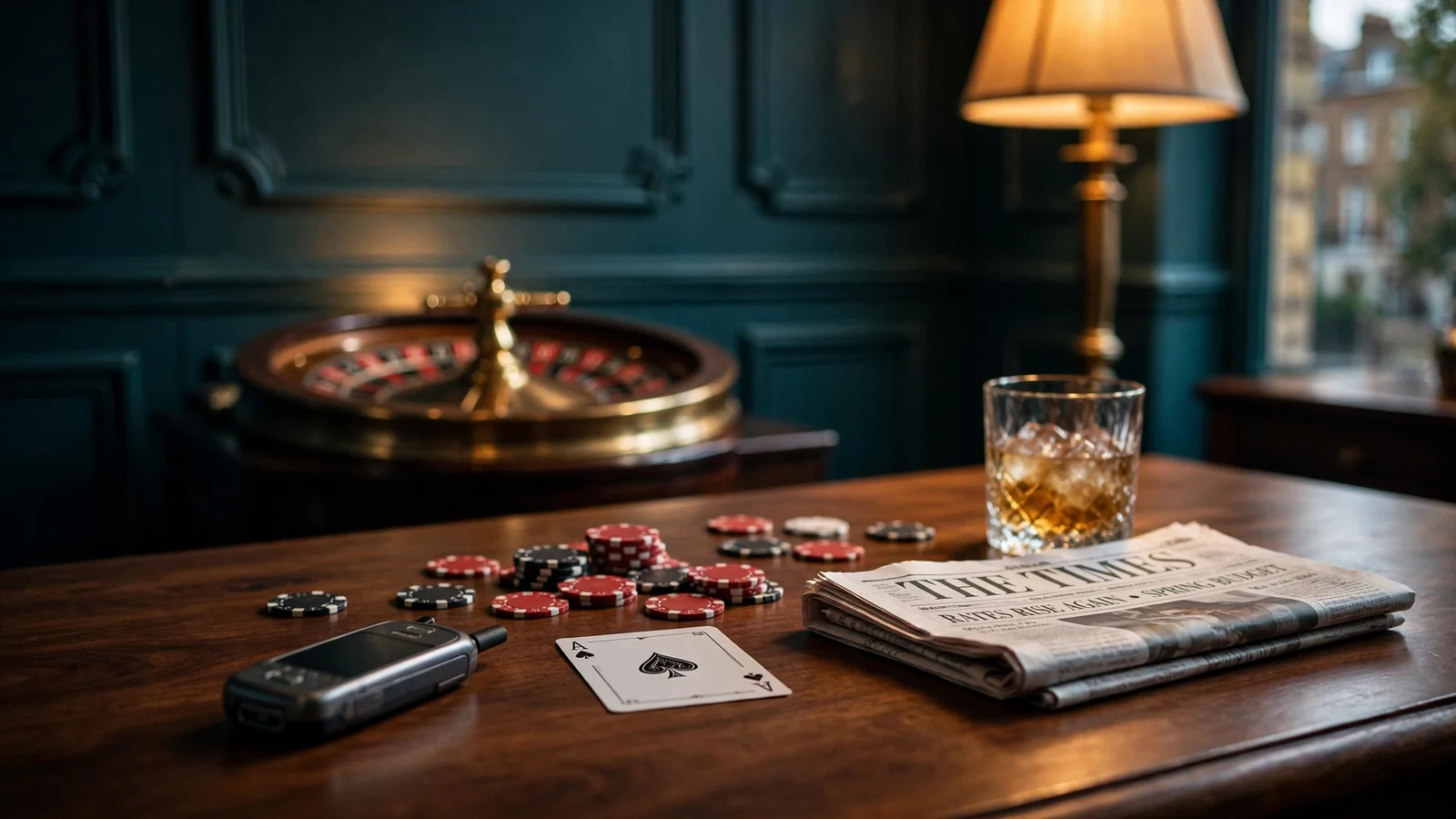 Smartphone with casino chips and whisky on a pub table in London