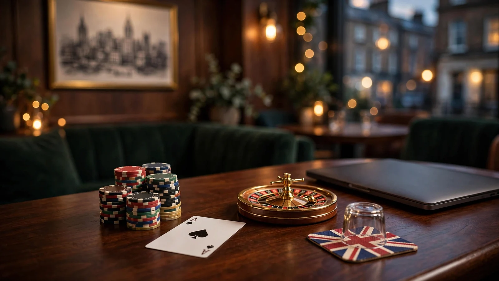 Casino chips, playing card, roulette wheel and a closed laptop on a dark wood table in a warm-lit British lounge.