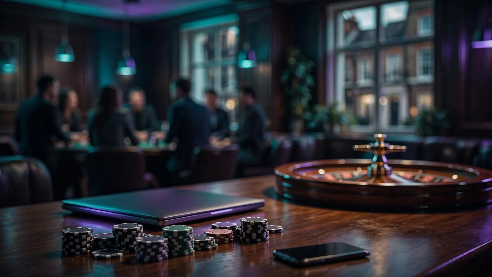 Moody UK casino lounge with chips and roulette suggesting an online tournament atmosphere