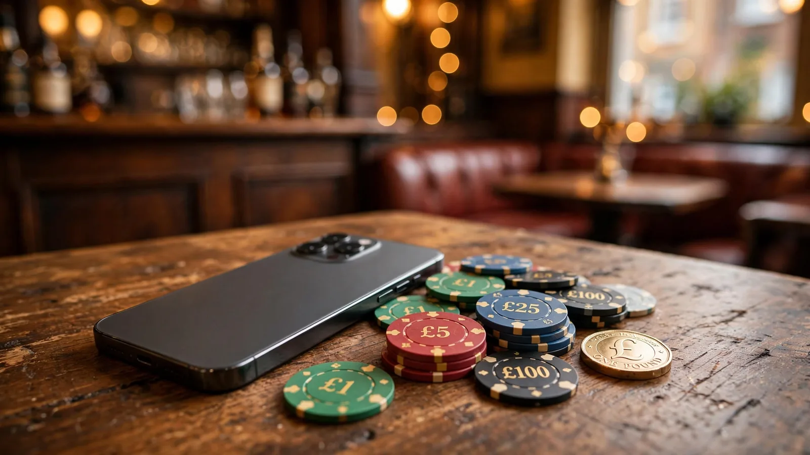 Smartphone on a pub table with casino chips and a £1 coin, screen not visible, warm British pub atmosphere.