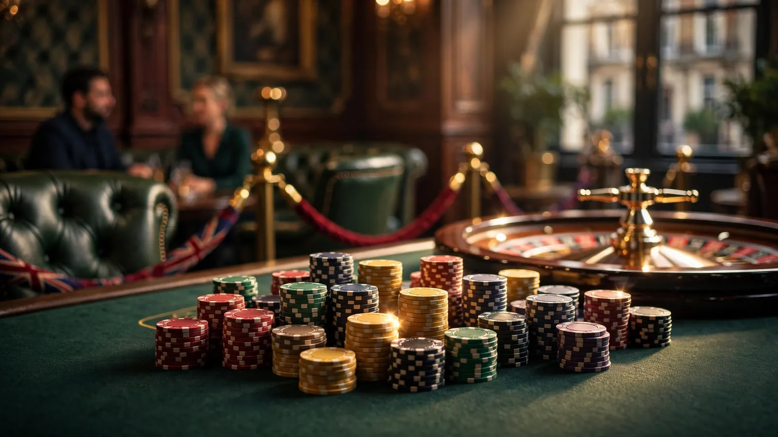 British casino table with poker chips and roulette wheel under warm golden light