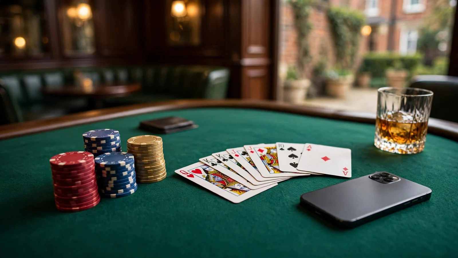 Casino chips and cards on a green felt table beside a face-down smartphone, warm golden lighting.