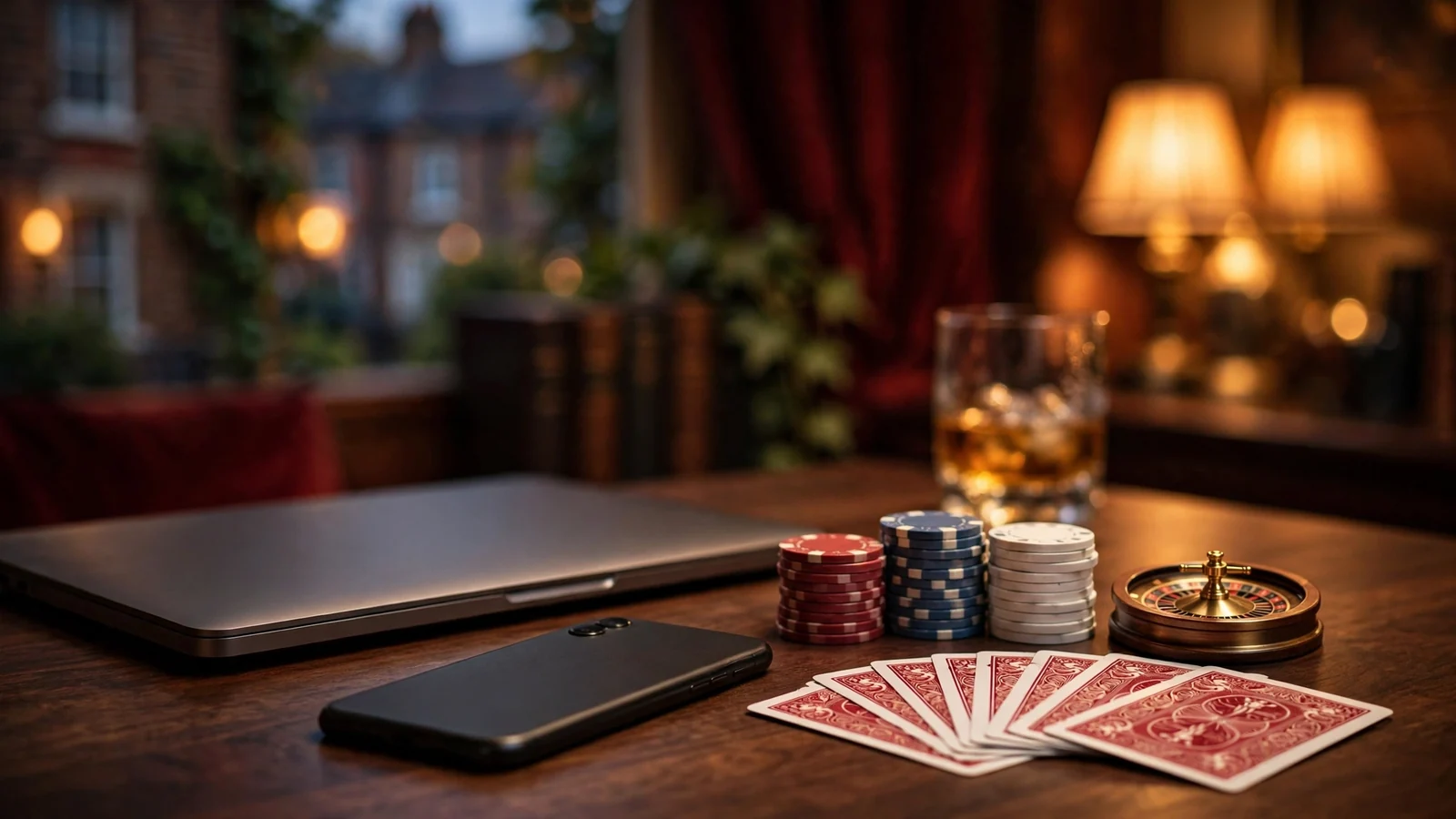 Casino chips, playing cards, and closed devices on a dark desk, suggesting a private online gaming session.
