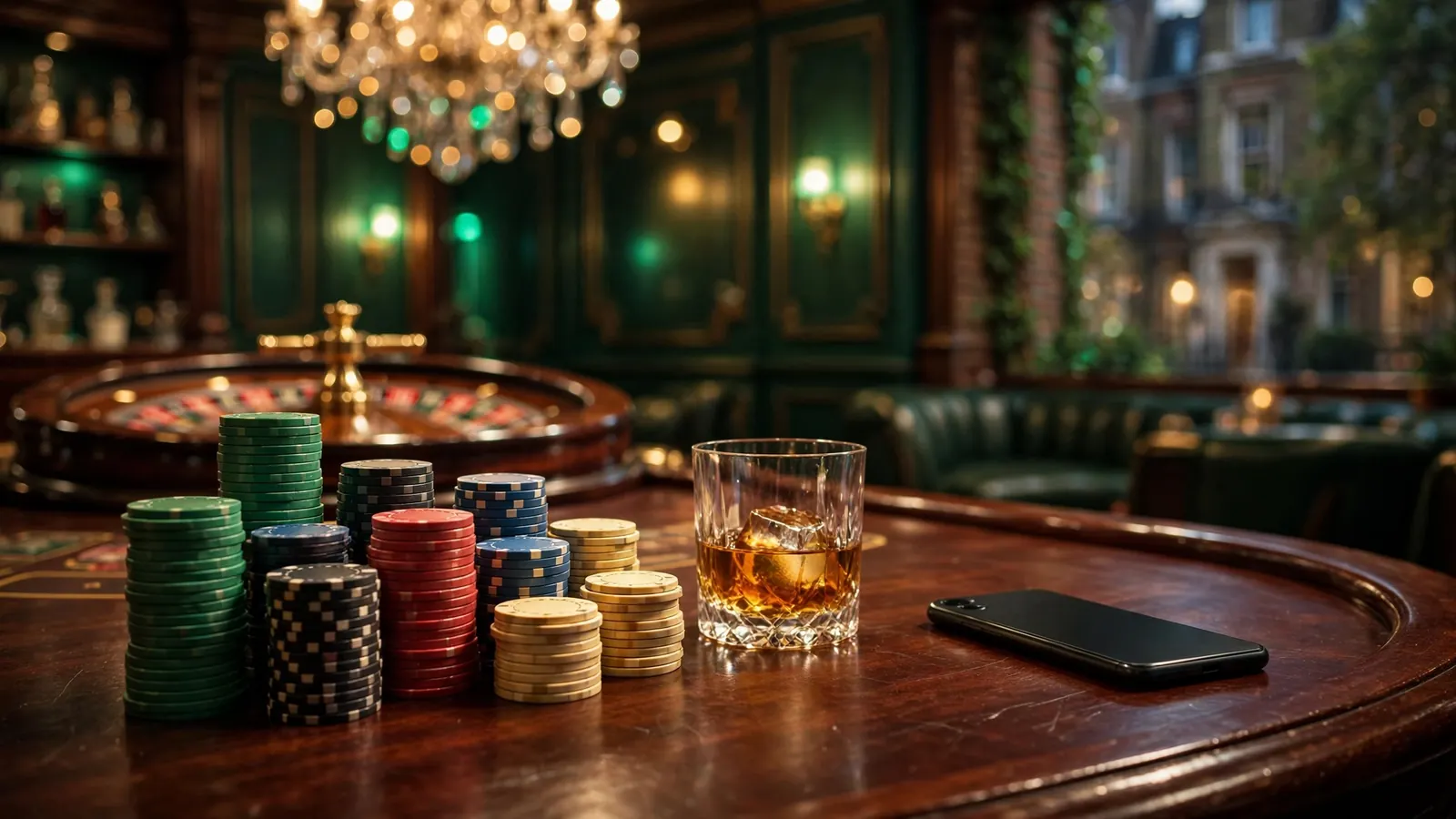 Elegant casino table with stacked poker chips, whisky glass, and a face-down smartphone in warm golden light.