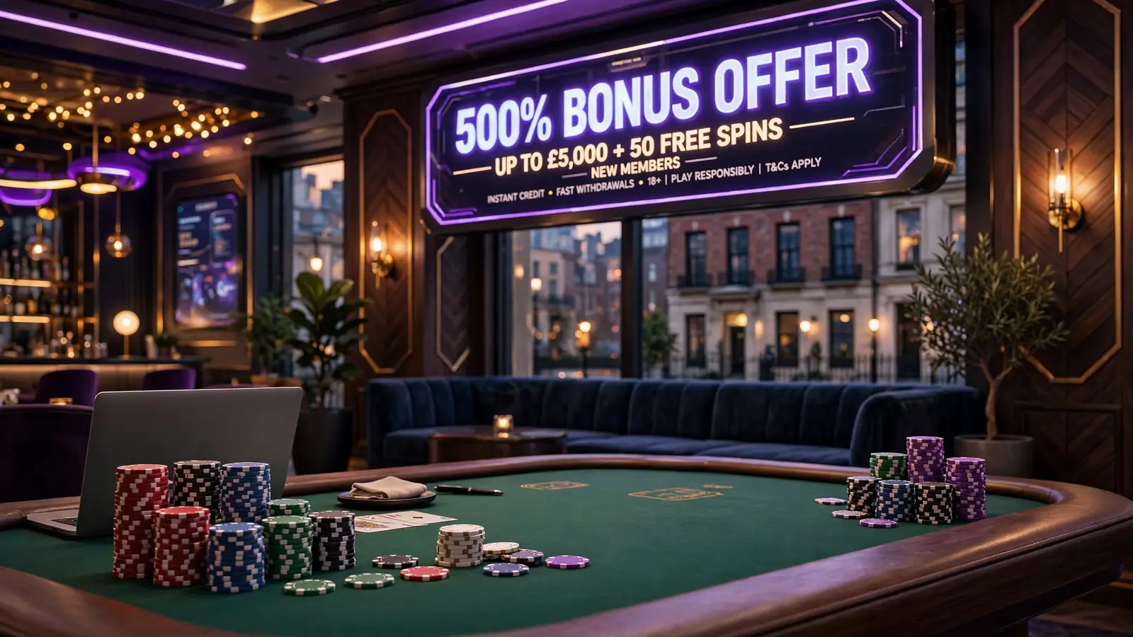 Stylish online casino lounge with glowing 500% bonus banner and stacked chips