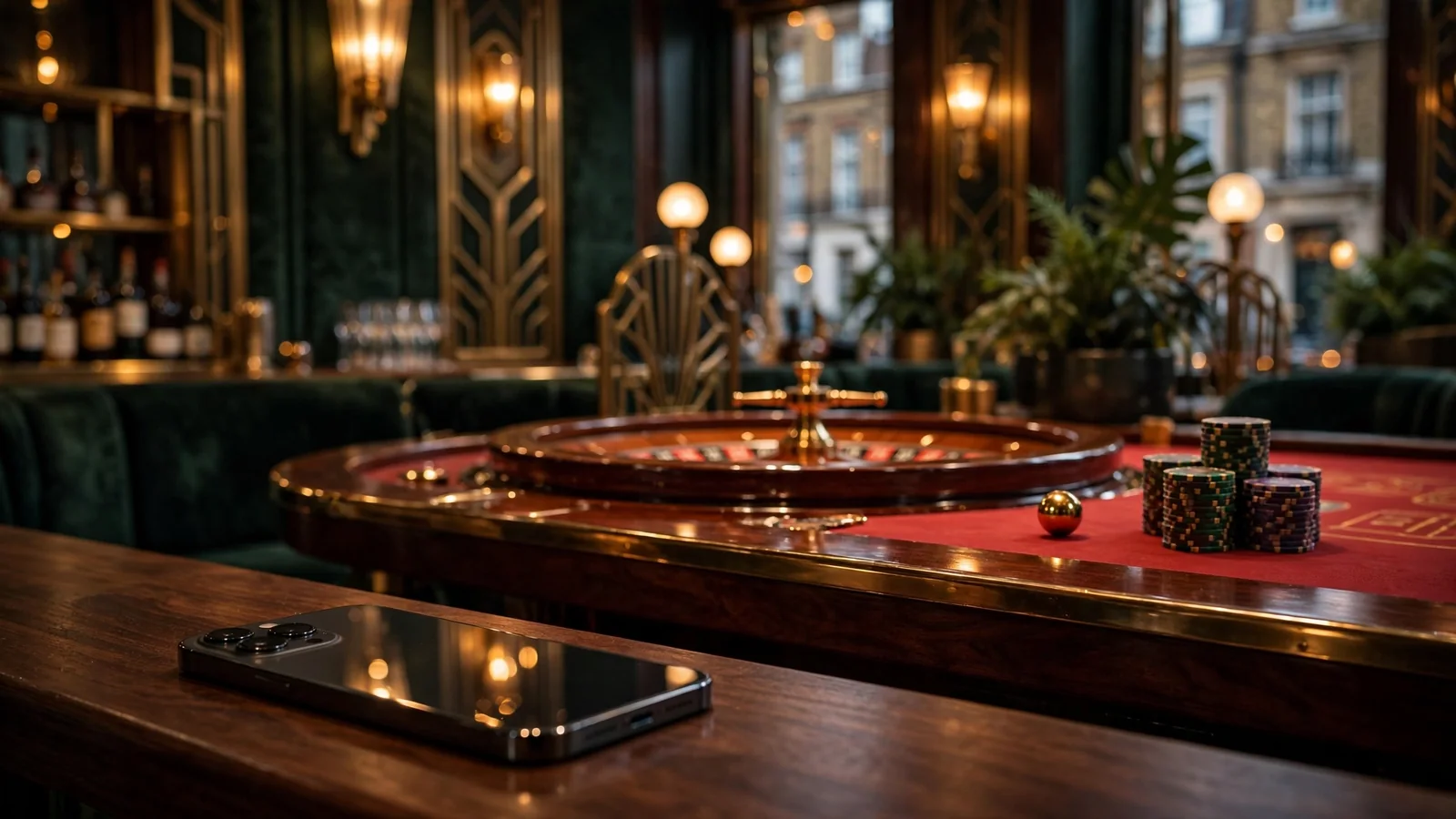 Glamorous London casino scene with roulette table, chips, and a smartphone on the bar.