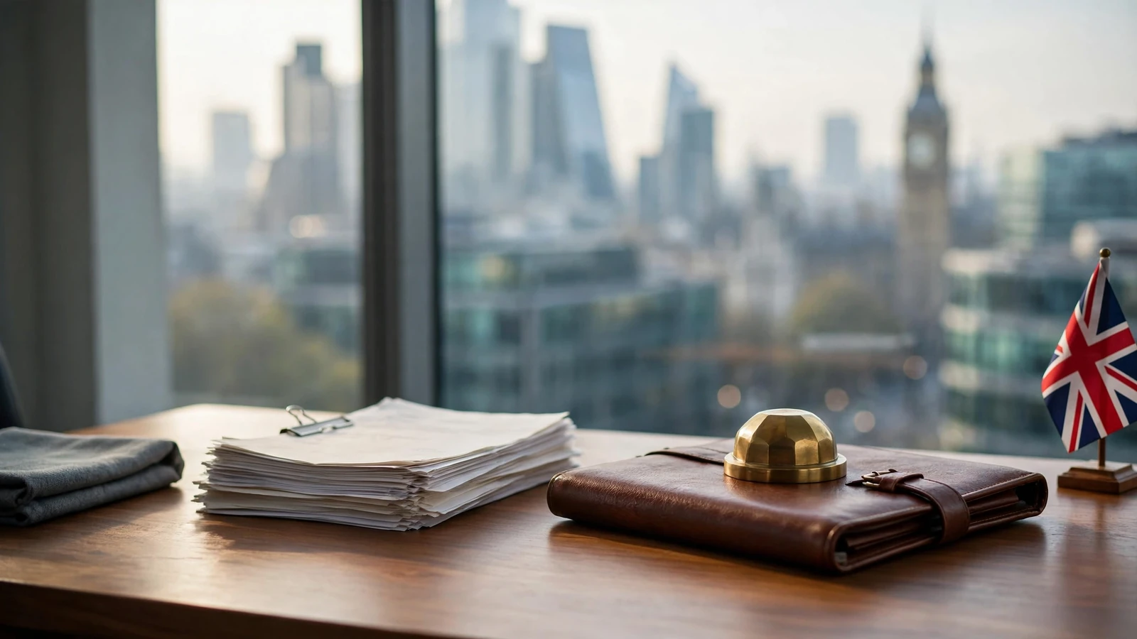 Regulatory licensing documents on a desk with London skyline through a window