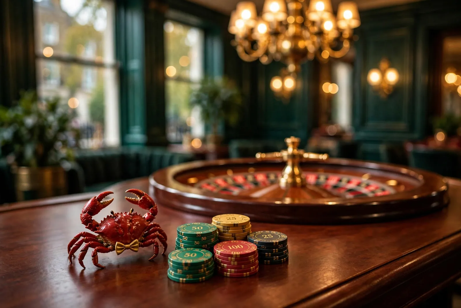 Stylish UK casino table with a decorative crab figurine and stacked chips