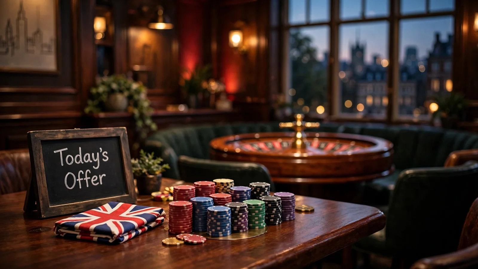 Casino chips and roulette wheel on a table with a 'Today's Offer' sign in a warm, British-themed lounge.