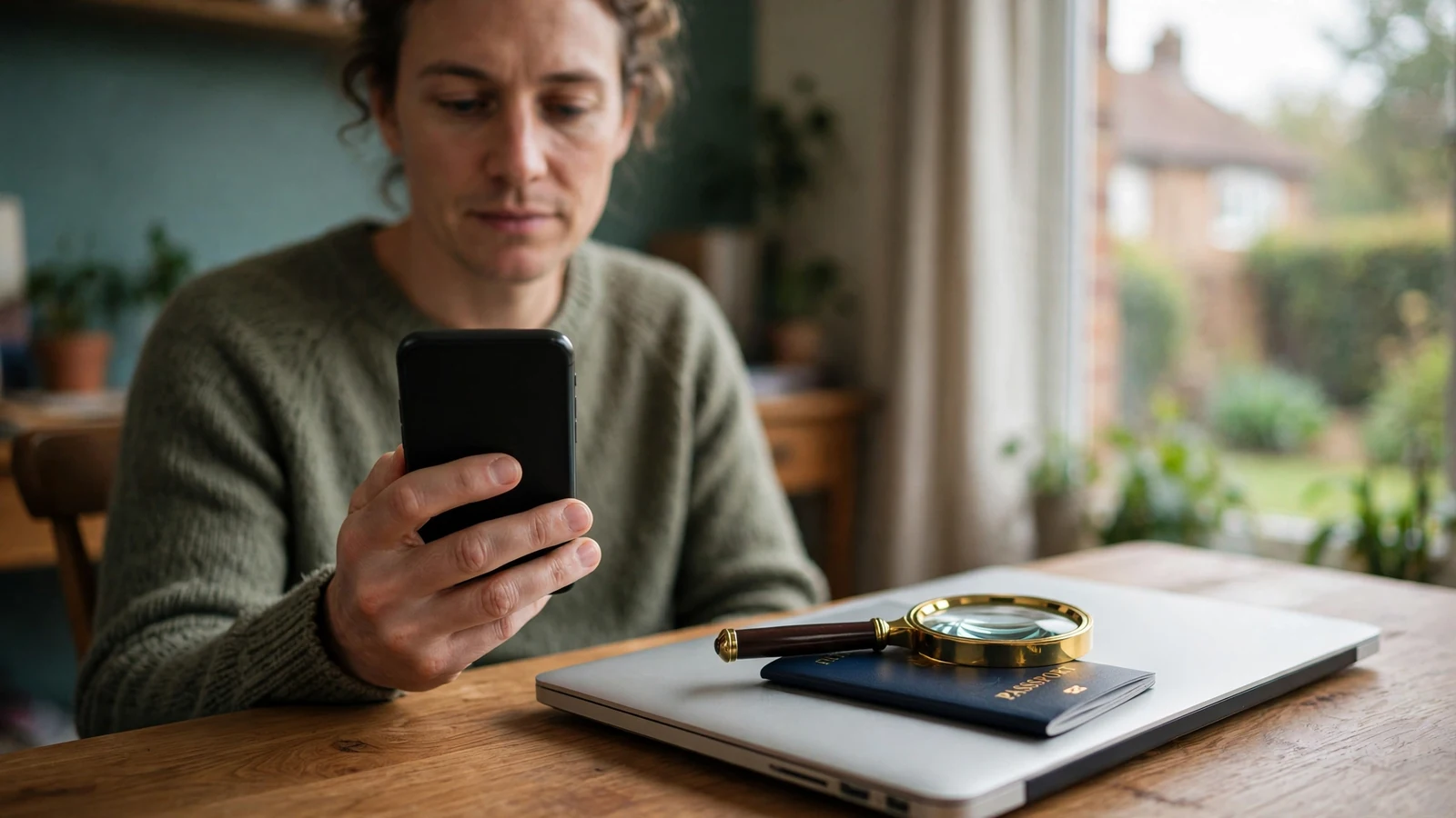 Person reviewing UK identity documents beside a smartphone at a desk.