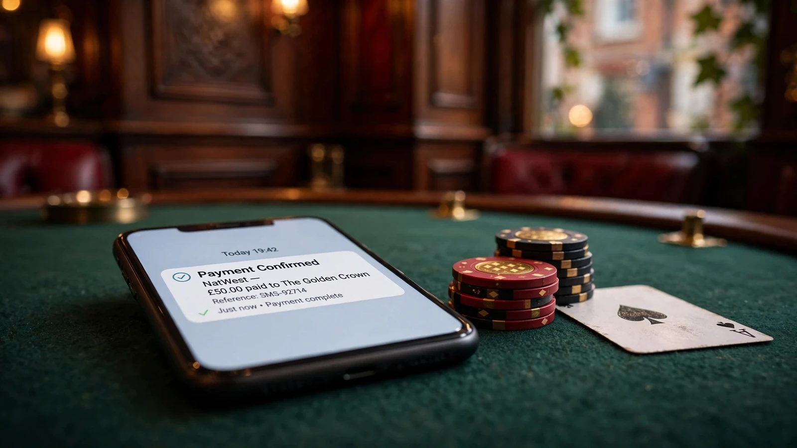Smartphone showing SMS payment confirmation on a casino table with chips and a playing card