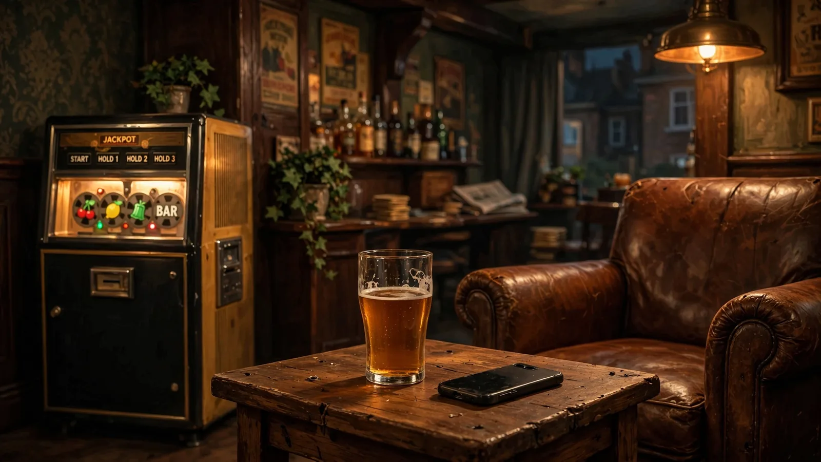 Cozy British pub interior with vintage slot machine in the background