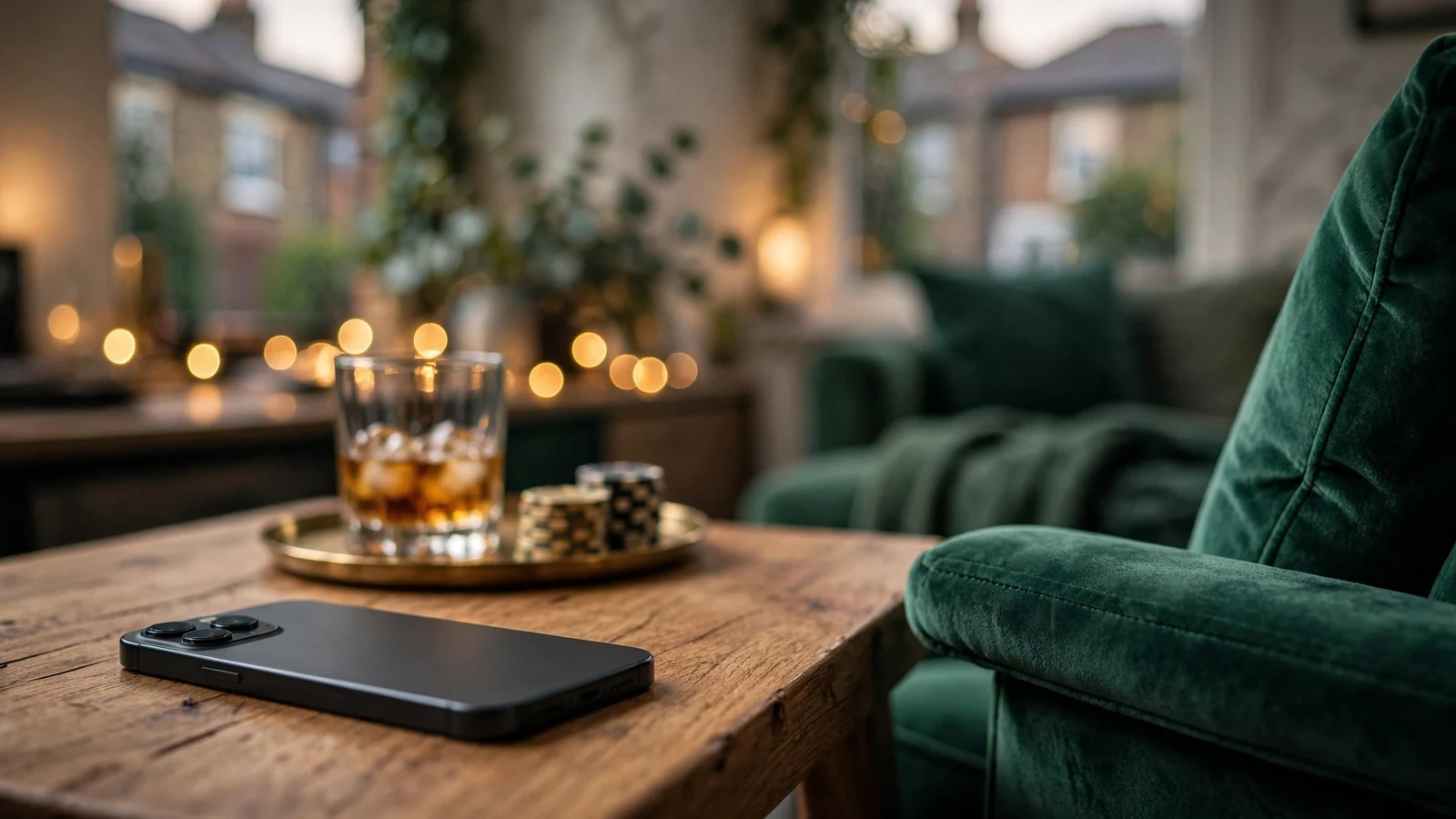 Smartphone face-down on table beside casino chips in UK home