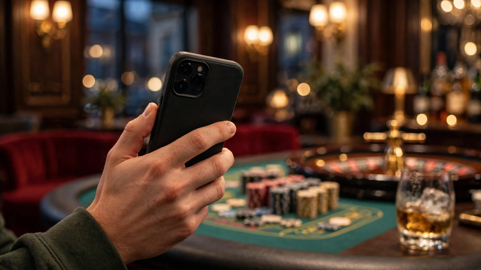 Hand holding smartphone in front of a softly blurred casino interior with roulette table