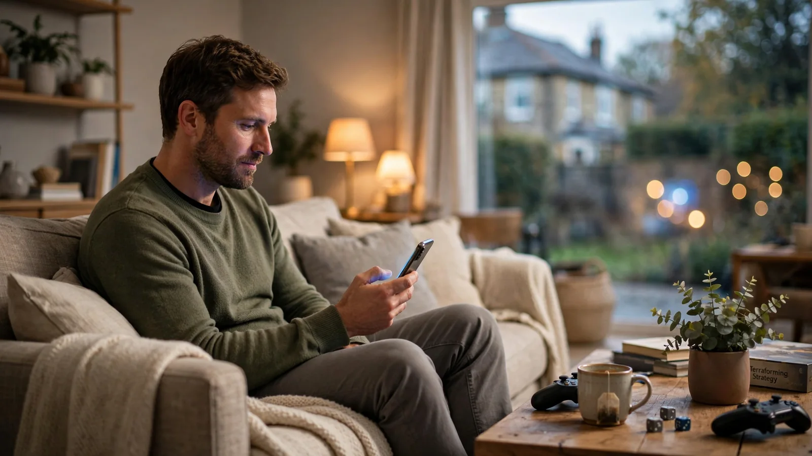 Person in a UK living room holding a smartphone for mobile casino deposit