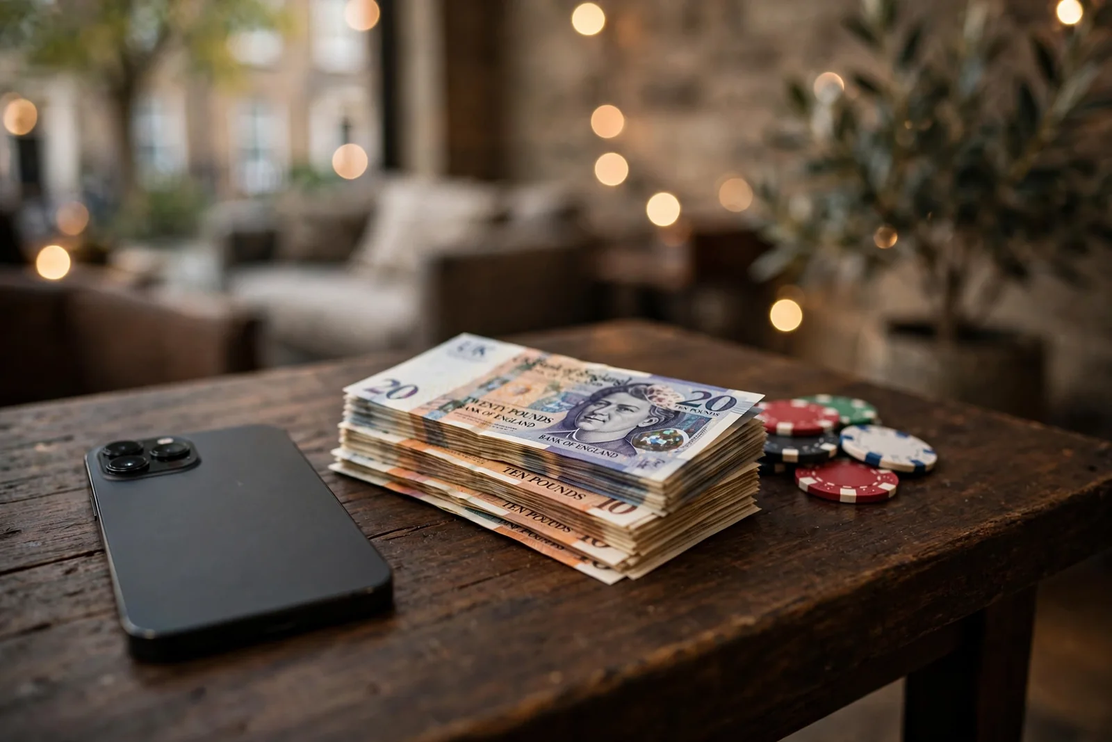 UK mobile casino deposit scene with smartphone, pound notes and casino chips on table