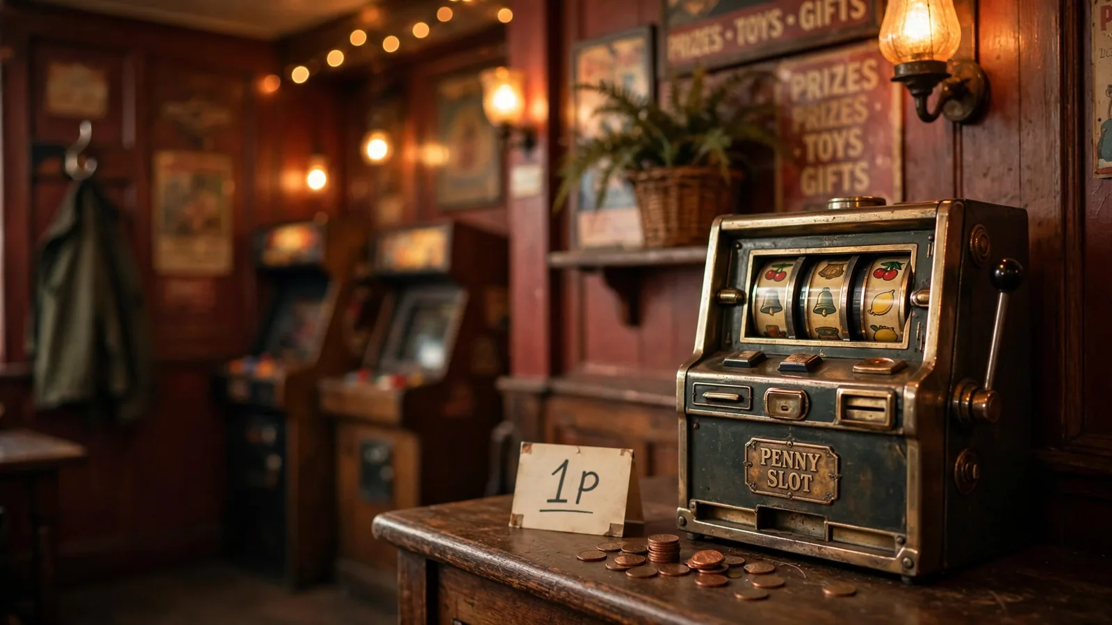 Penny slot machine in a traditional British pub setting