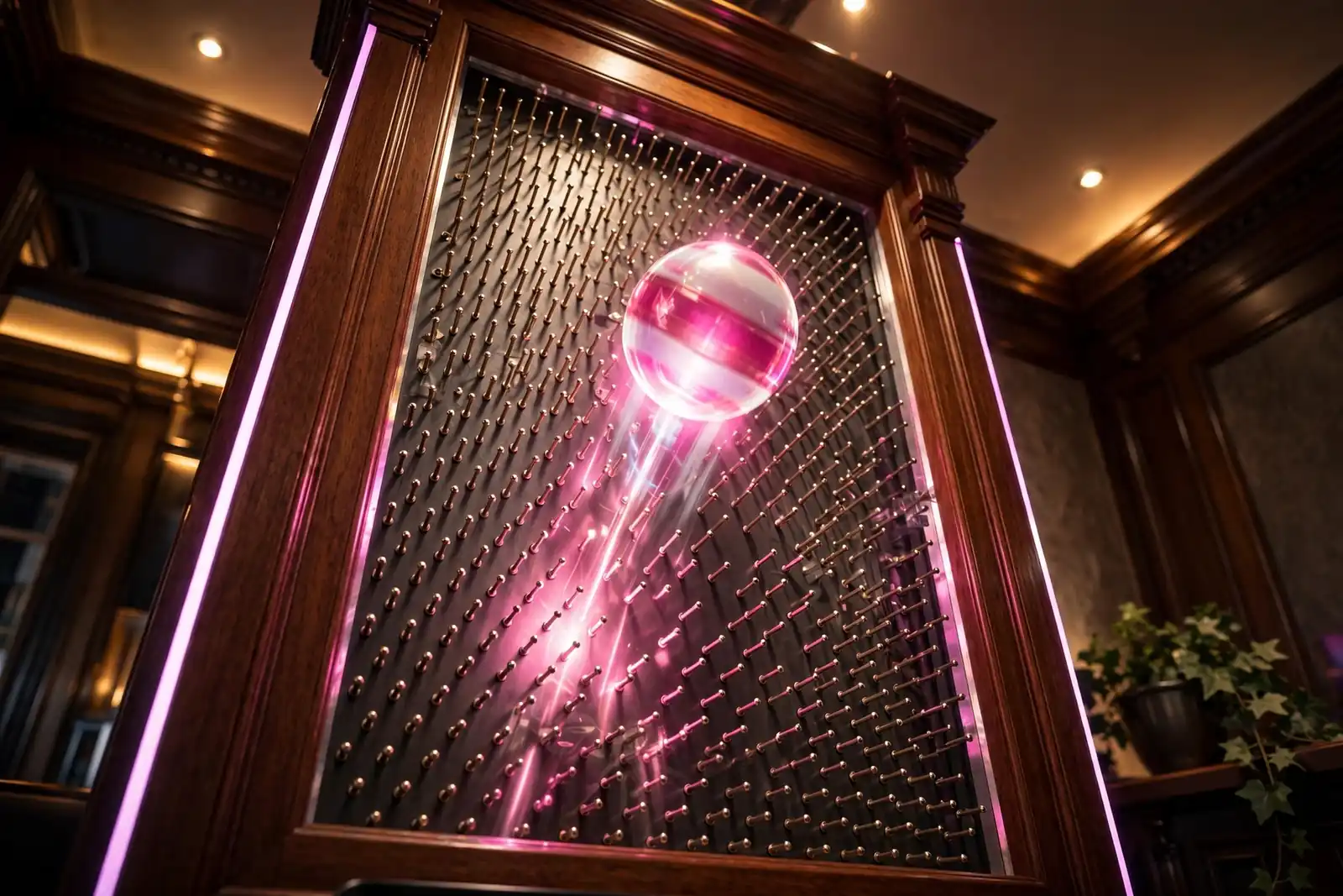 Glowing plinko ball falling through pegs in a modern UK casino studio