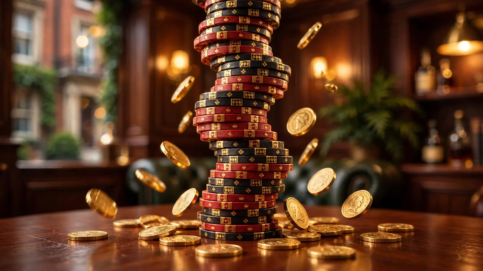 Stacked casino chips growing taller in a luxury UK gaming lounge