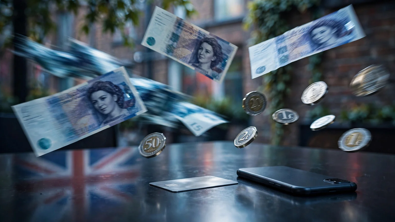 British pounds and coins with motion blur suggesting fast payout next to a face-down smartphone and bank card.