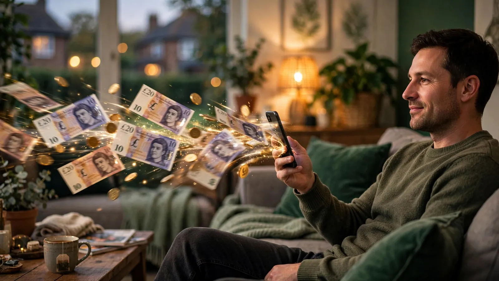 Person receiving instant pound payout from smartphone in cozy UK home
