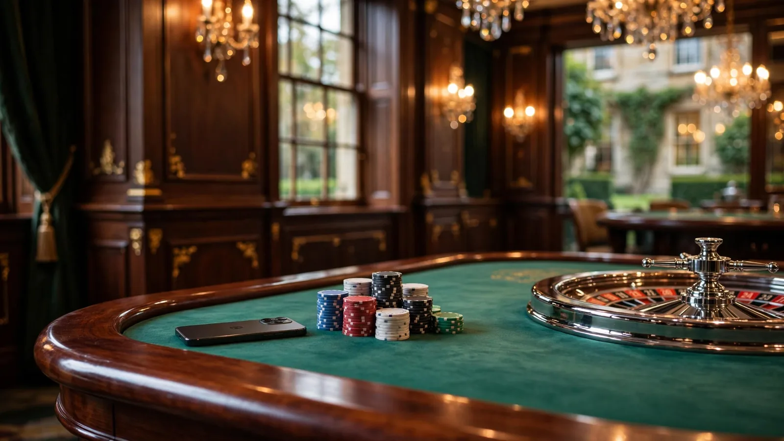 Elegant British casino table with chips and roulette wheel