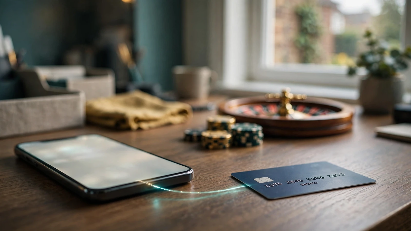 Smartphone, UK bank card, and casino chips on a desk