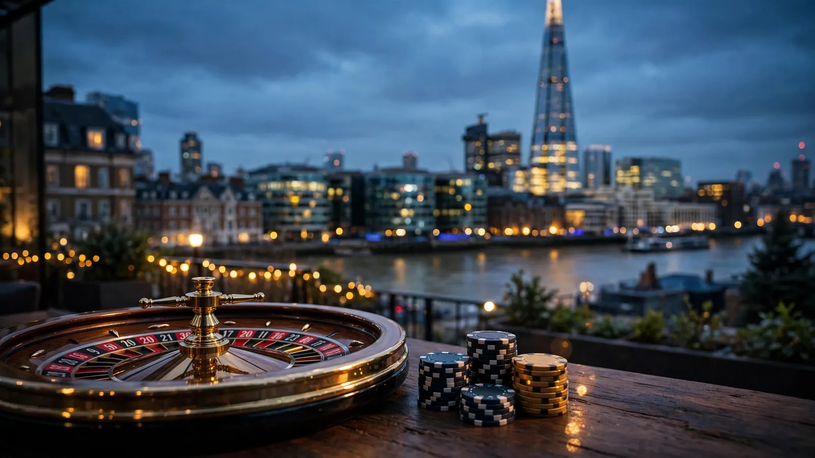 London skyline at dusk with a roulette wheel and chips in the foreground