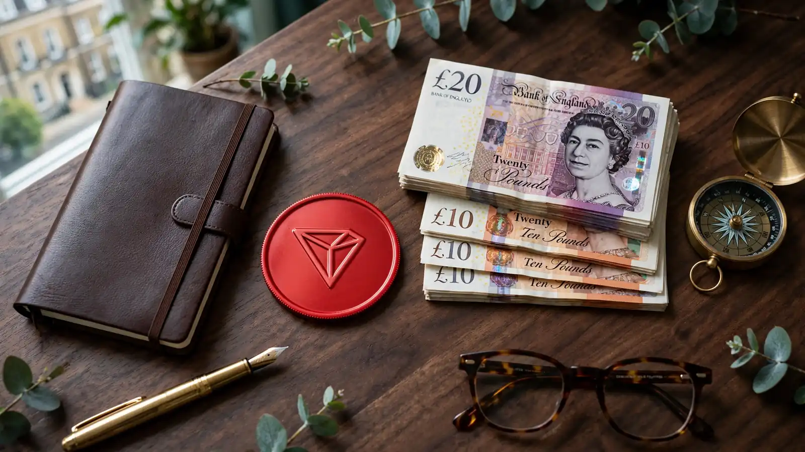 TRON token beside British pound notes, compass and notebook on a desk
