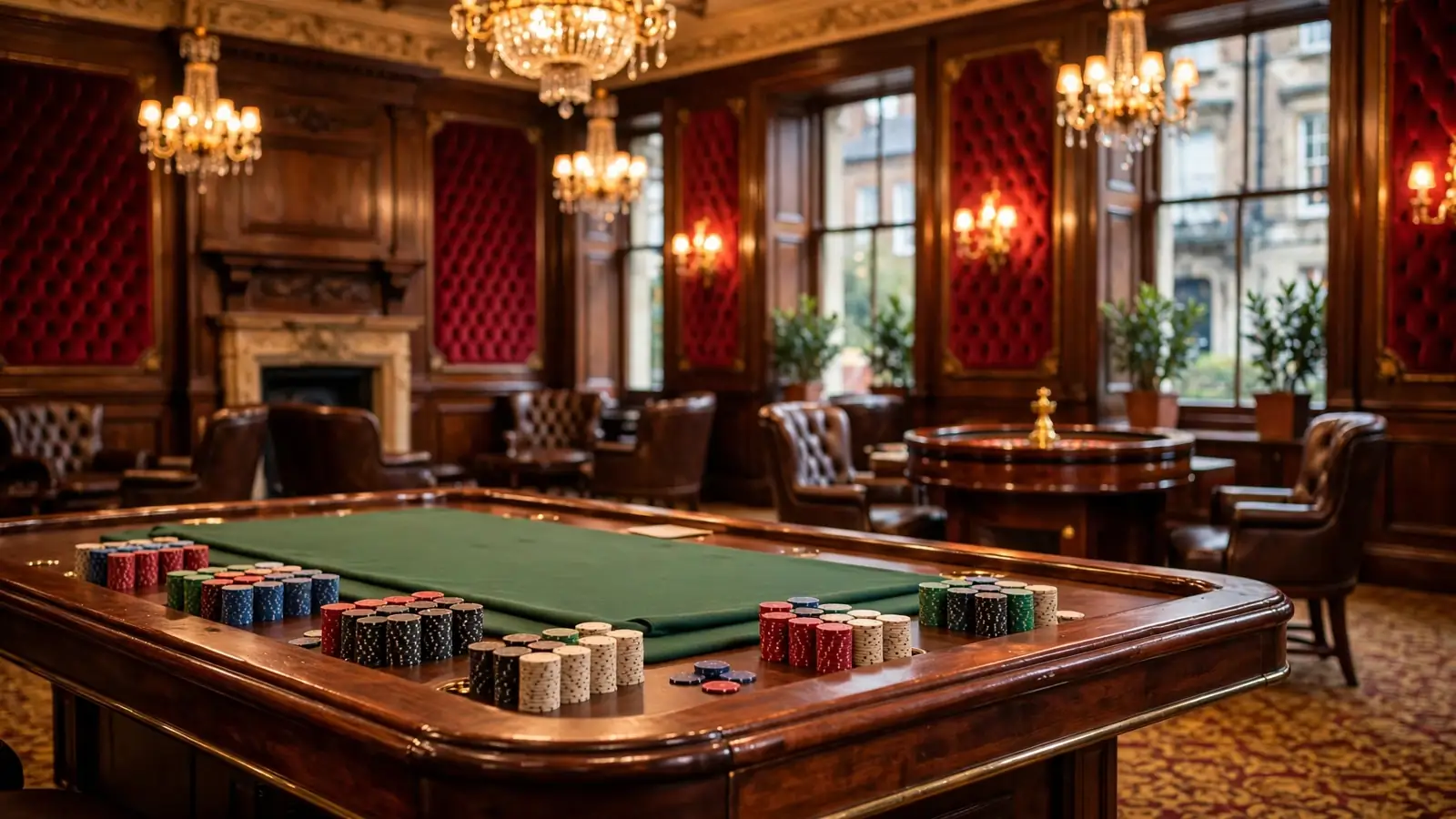 Elegant UK casino interior with chip-stacked table and roulette wheel